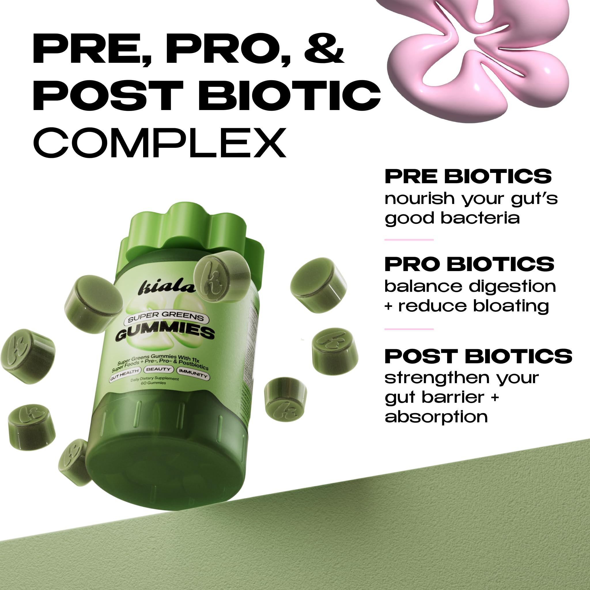 Kiala Nutrition Super Greens Gummies ingredients scene emphasizes greens and probiotic blends.