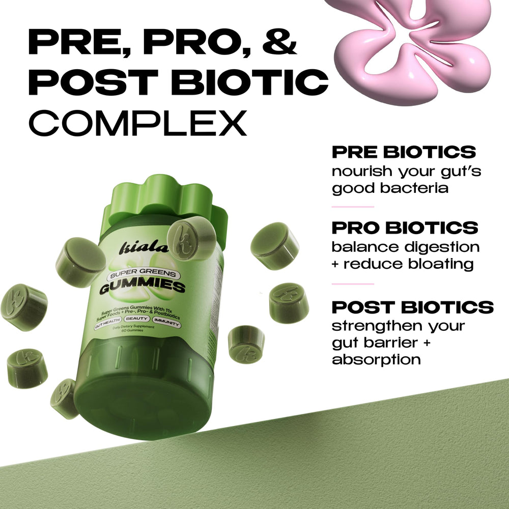 Kiala Nutrition Super Greens Gummies ingredients scene emphasizes greens and probiotic blends.
