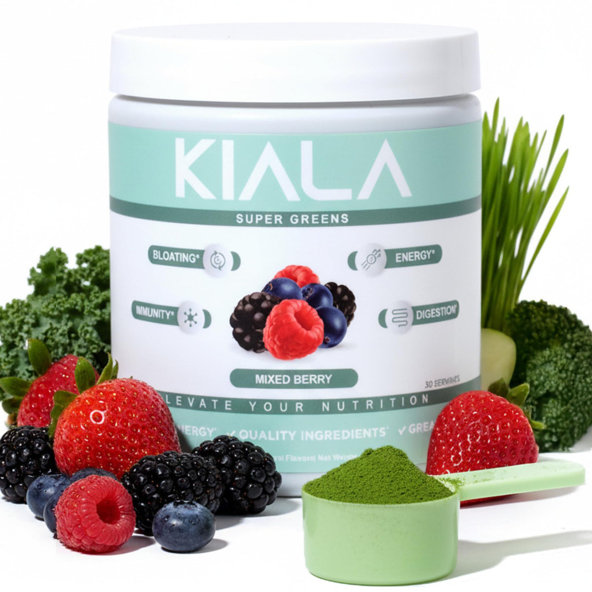 Kiala Nutrition Super Greens scoop being poured into a glass for a nutrient-rich drink