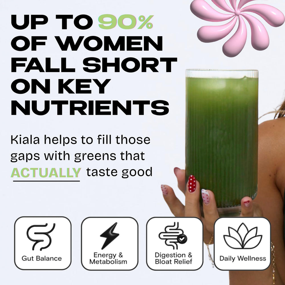 Close-up of Spectra blend ingredients highlighting fruits, vegetables, and herbs in Kiala Super Greens