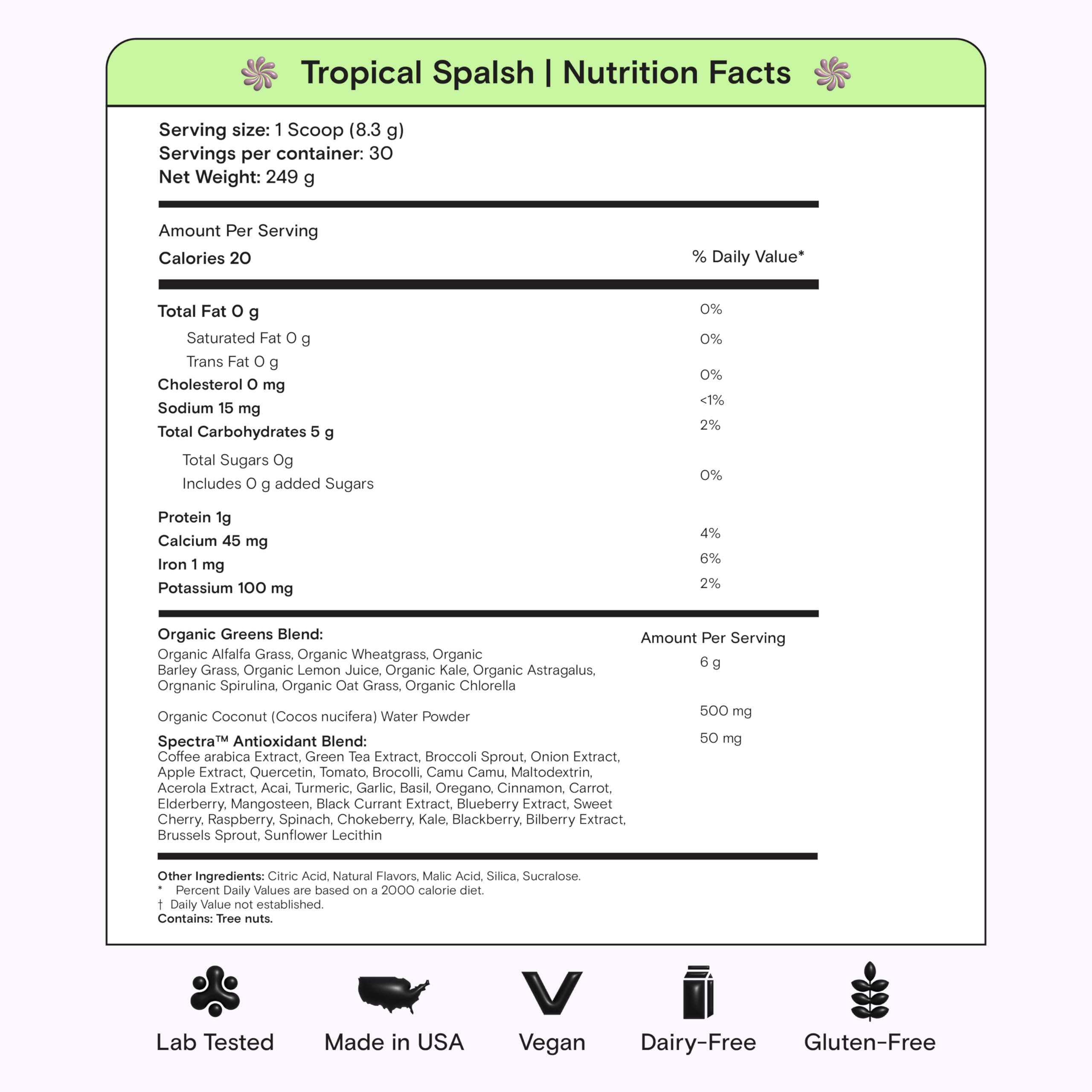 Kiala Nutrition Super Greens vegan and gluten-free badge highlights clean ingredients.