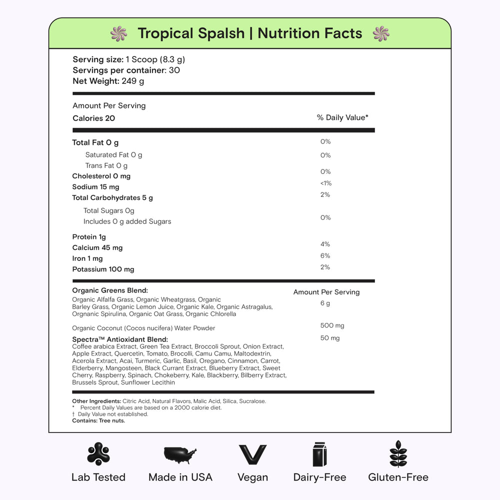 Kiala Nutrition Super Greens vegan and gluten-free badge highlights clean ingredients.