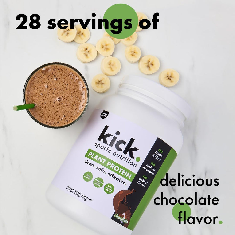 Kick Plant Protein Chocolate cup with spoonful after workout.