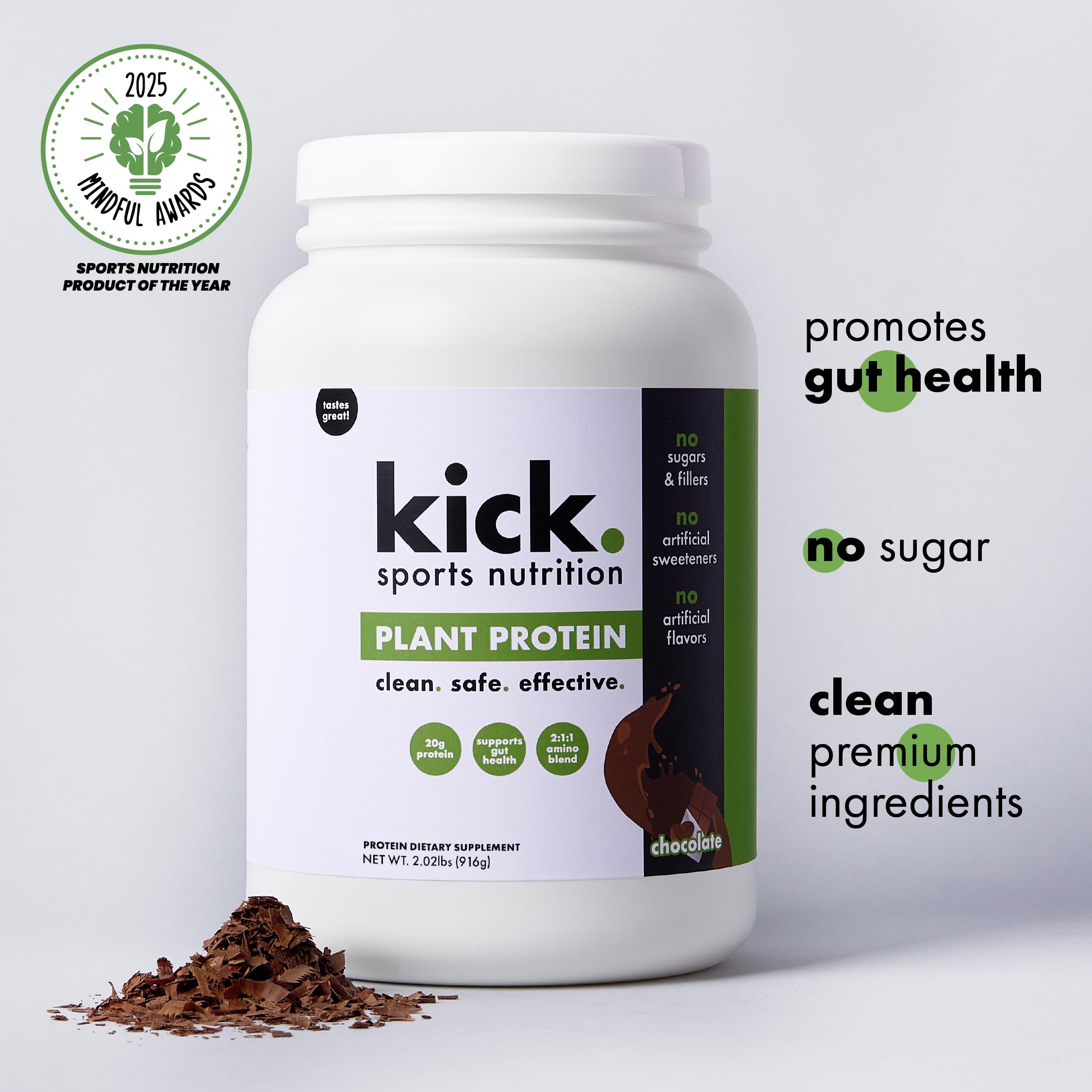 Kick Plant Protein Chocolate ingredients list and nutrition panel.
