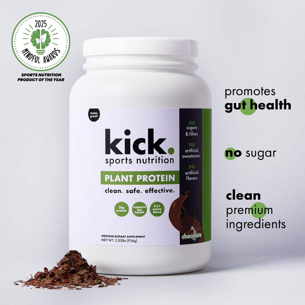 Kick Plant Protein Chocolate ingredients list and nutrition panel.