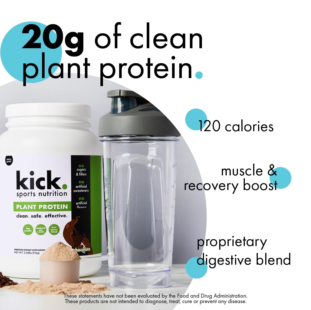 Kick Plant Protein Chocolate label highlights gluten-free formulation.