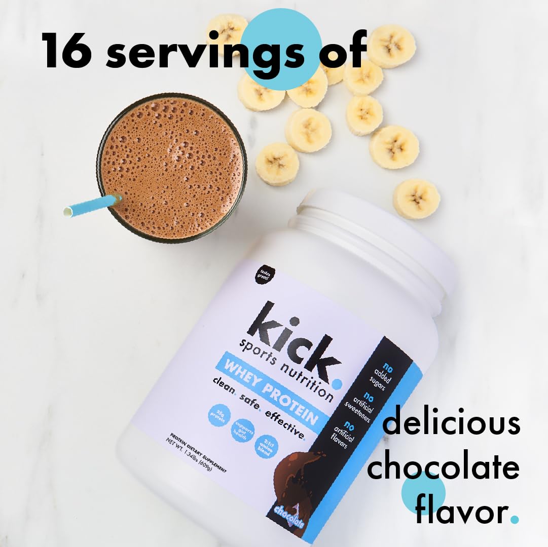 Kick Whey Protein Chocolate 2:1:1 amino blend visual indicates essential amino support.