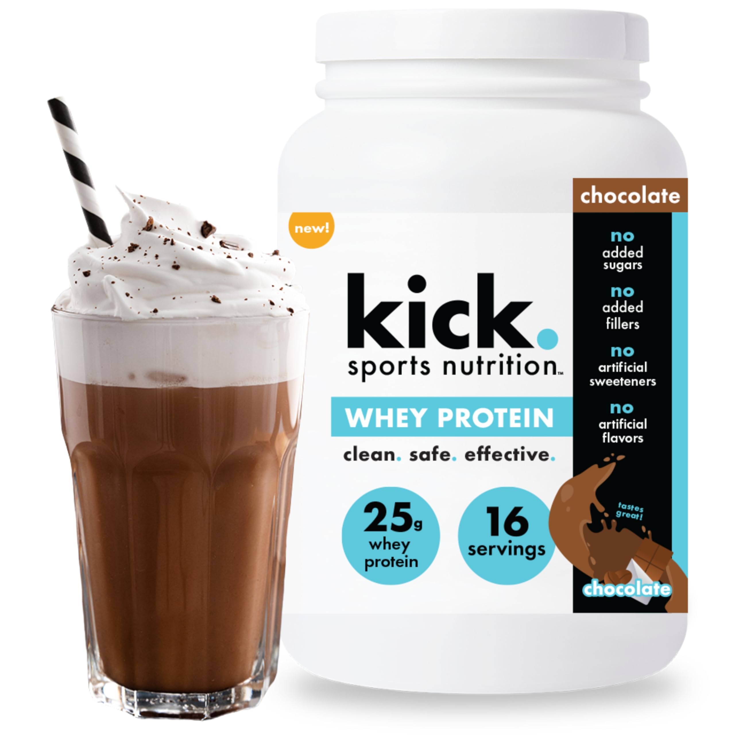 Kick Whey Protein Chocolate packaging front highlights gluten-free formula.