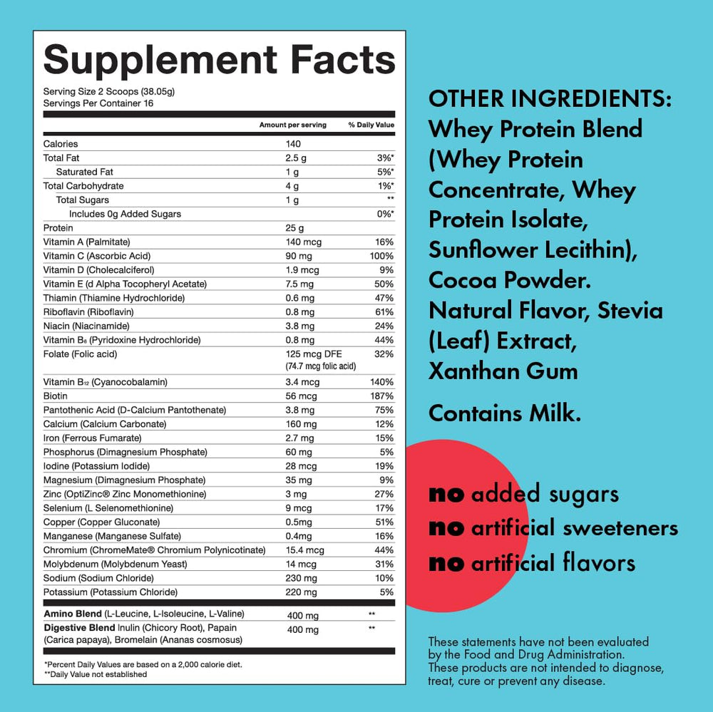 Kick Whey Protein Chocolate scoop illustrates 25 g protein per serving.