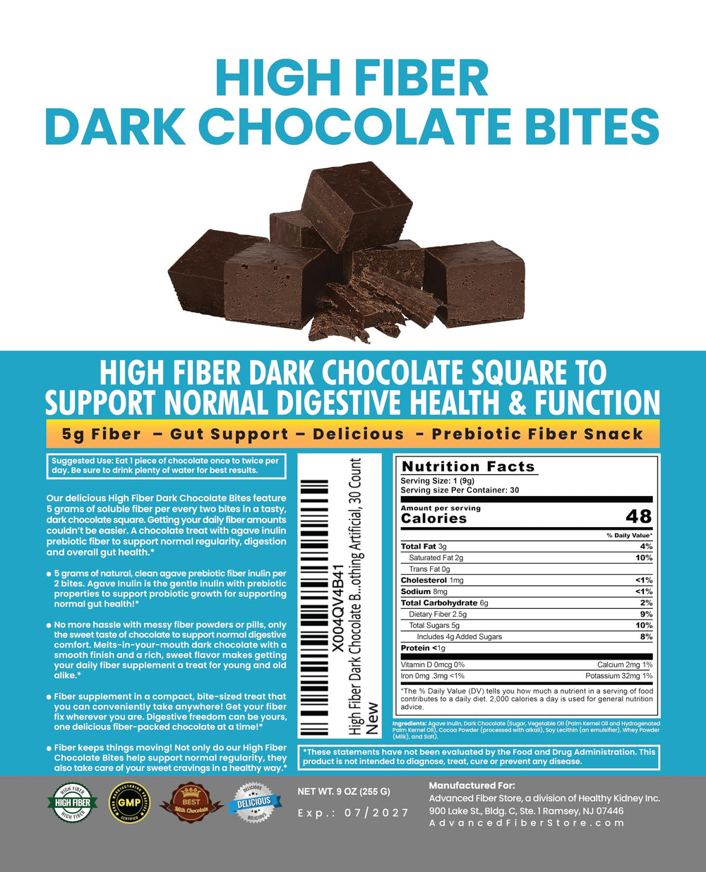 Kidney Restore high-fiber bites close up showing rich chocolate texture and fiber content
