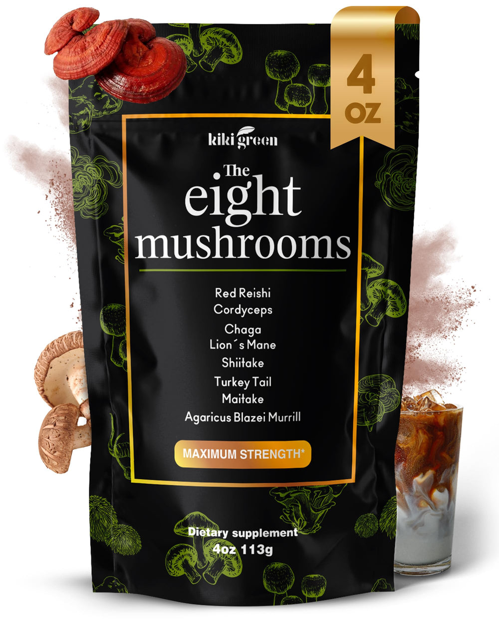 KIKI Green 8 Mushrooms bottle front view for daily wellness.