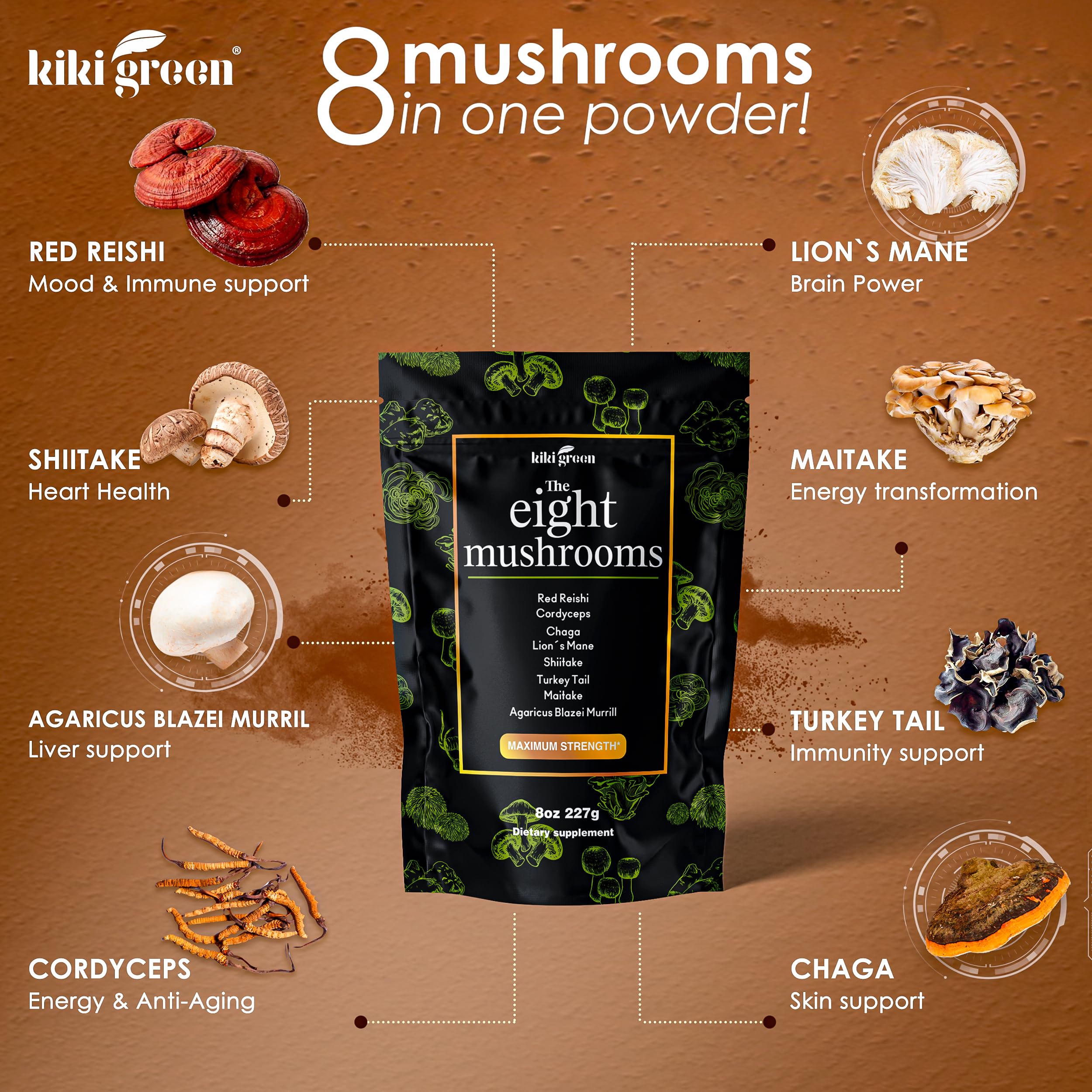 KIKI Green 8 Mushrooms label close-up highlighting eight-mushroom blend