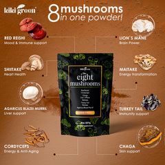 KIKI Green 8 Mushrooms label close-up highlighting eight-mushroom blend