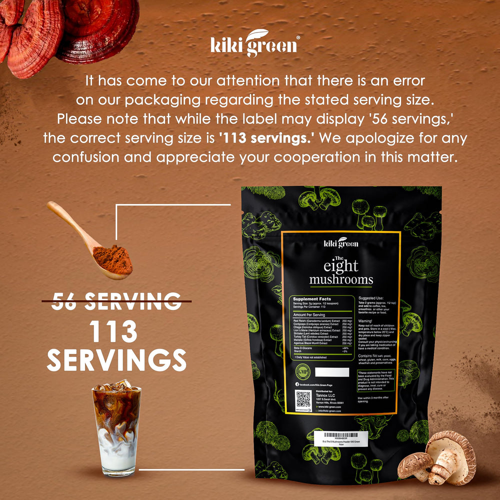 KIKI Green 8 Mushrooms bottle beside spoon ready to stir