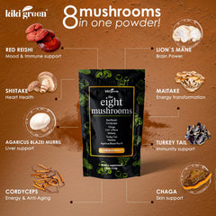 KIKI Green 8 Mushrooms scoop and jar; powder blends easily into drinks.