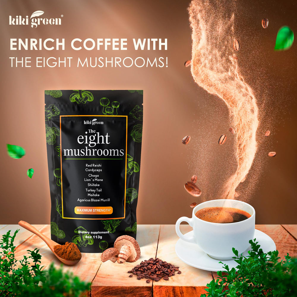 KIKI Green 8 Mushrooms smoothie pour over glass; convenient booster.