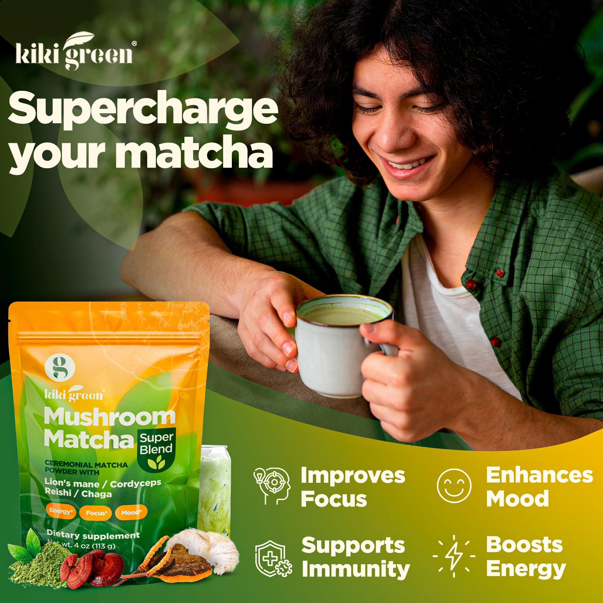 KIKI Green mushroom matcha powder jar closeup with fine grind
