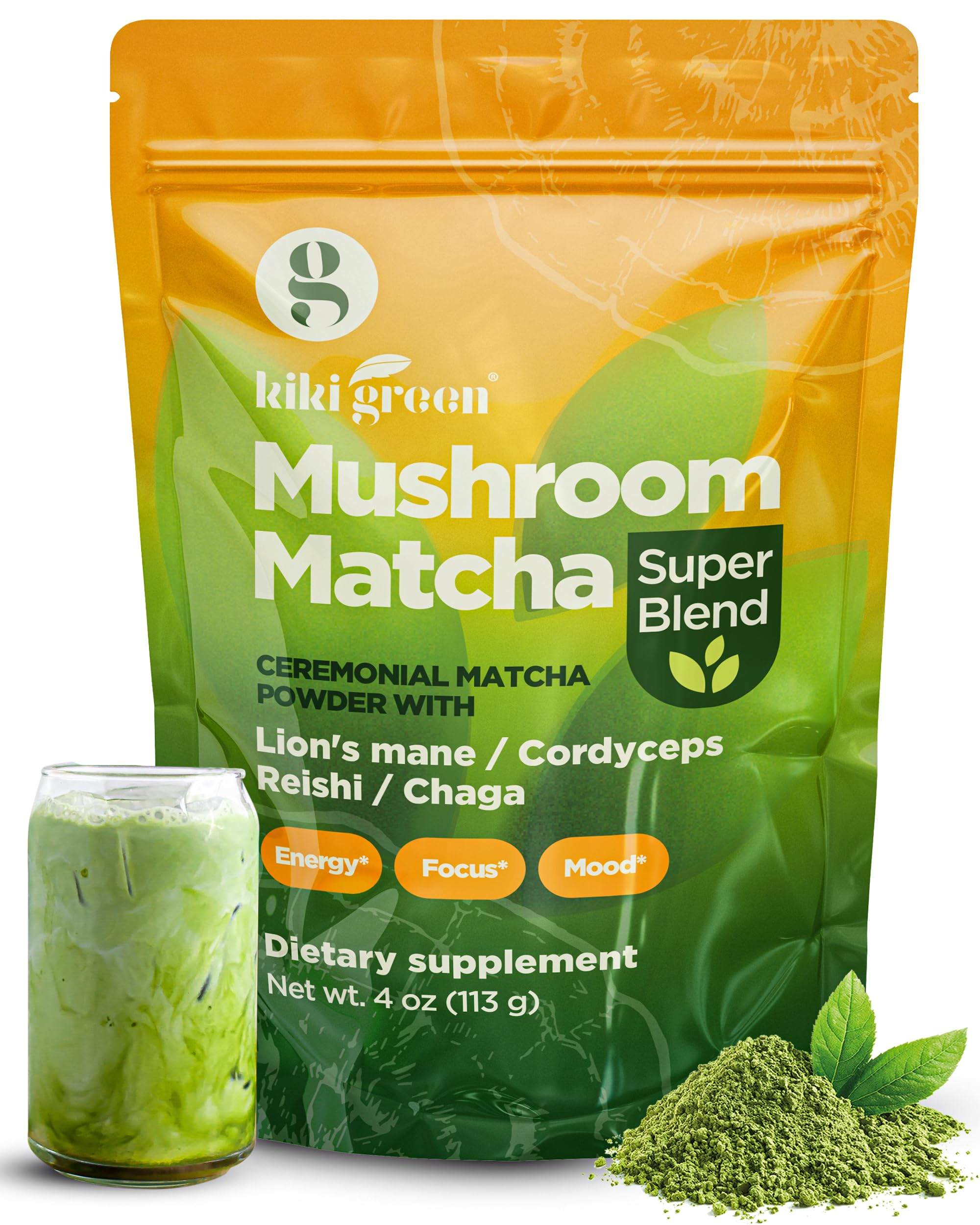KIKI Green mushroom matcha powder packaging front for daily energy