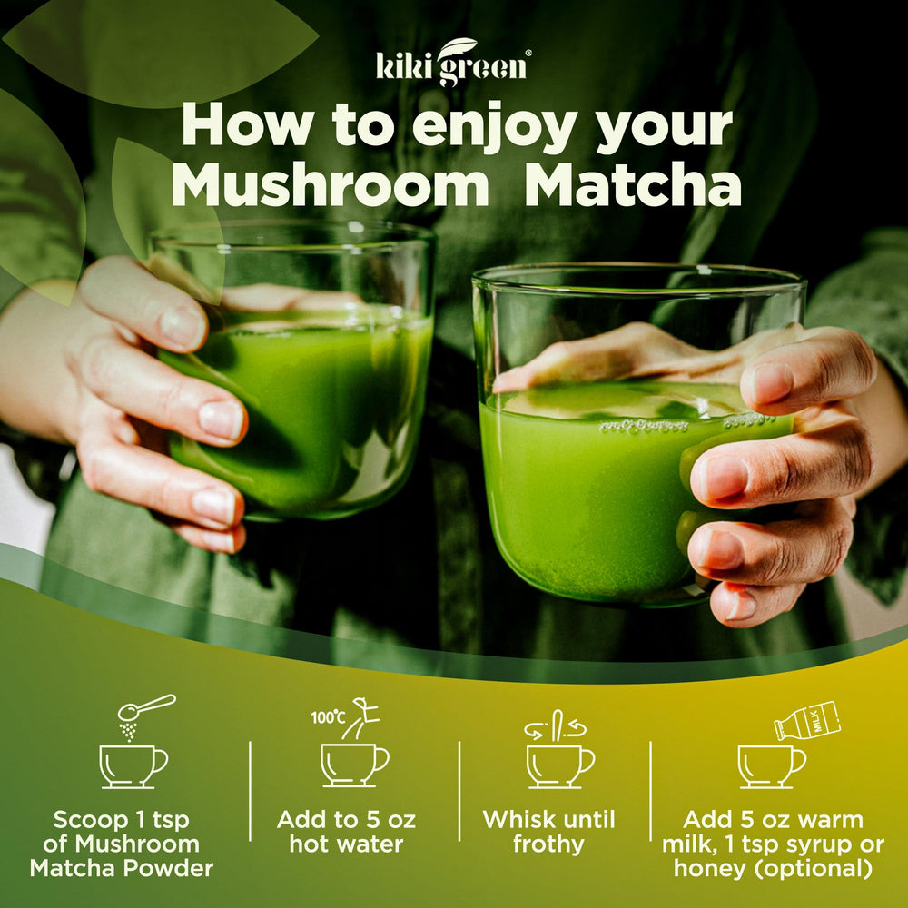 KIKI Green mushroom matcha powder in smoothie bowl showing versatility