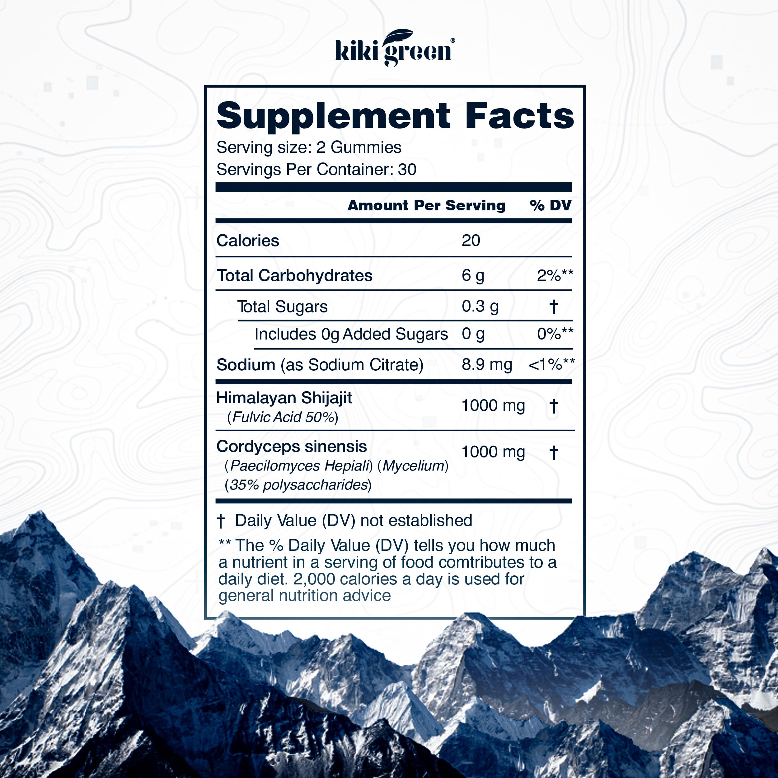 KIKI Green Shilajit Gummies ingredients label with cordyceps and minerals