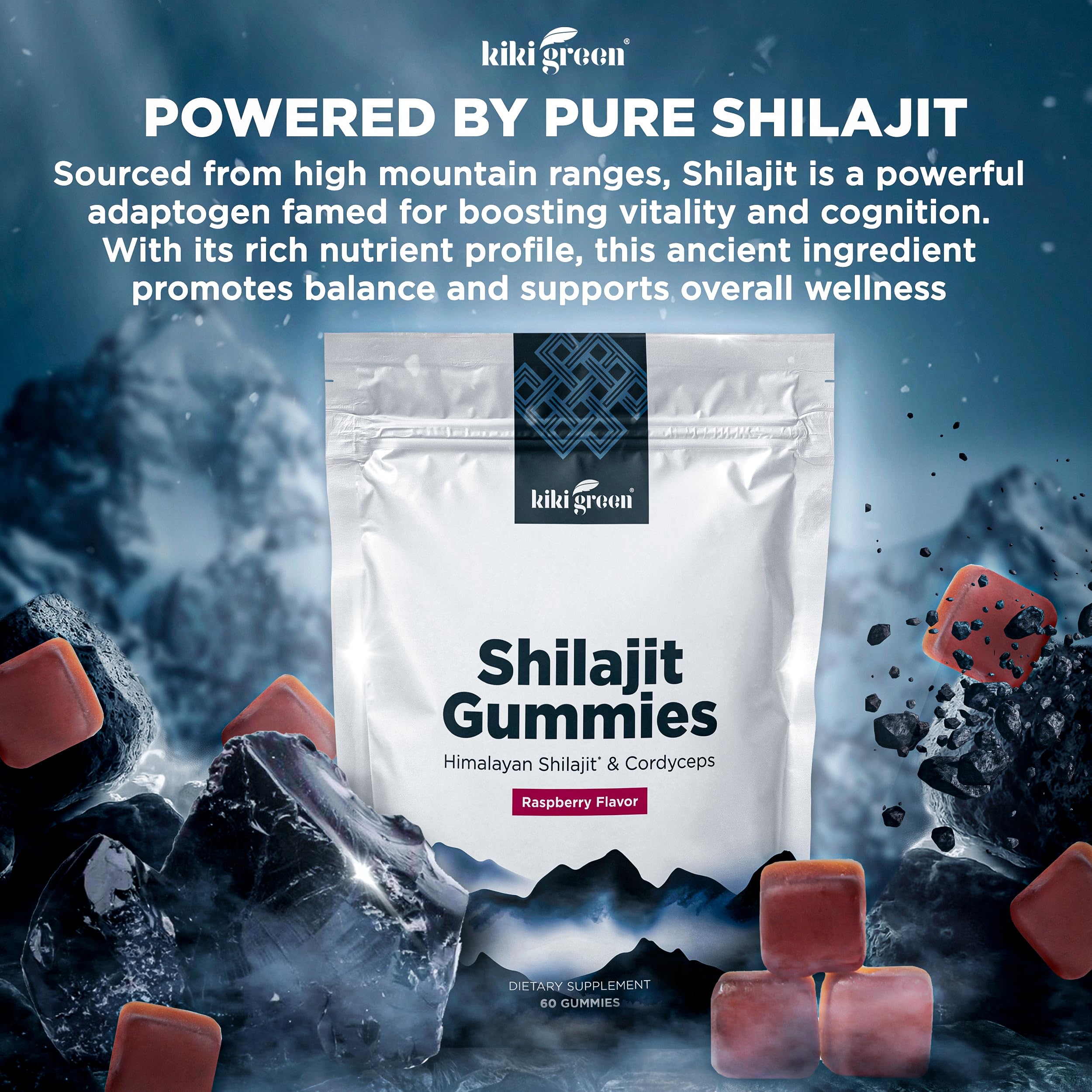 KIKI Green Shilajit Gummies raspberry close-up highlighting flavor