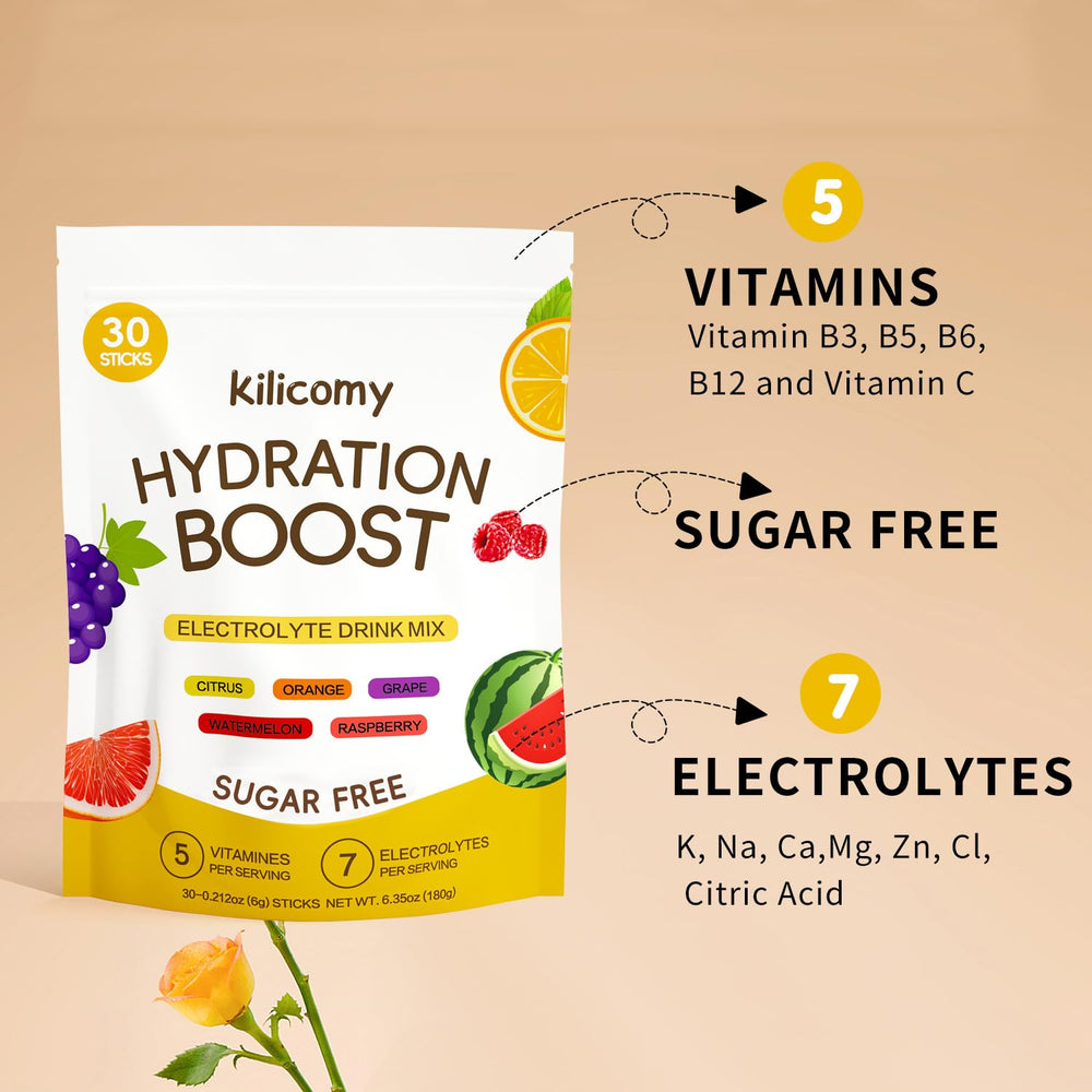 Kilicomy sugar-free electrolyte packets in citrus flavor help sustain hydration during long days.