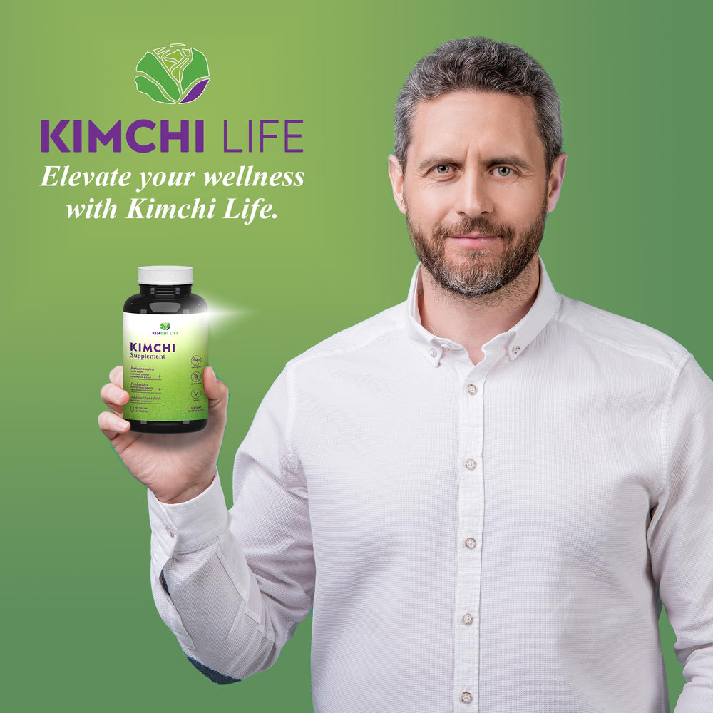 Kimchi Life bottle on kitchen counter suggests easy daily immune and digestion support.