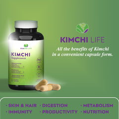 Kimchi Life ingredients glass jar emphasizes eco-friendly packaging and fermentation heritage.