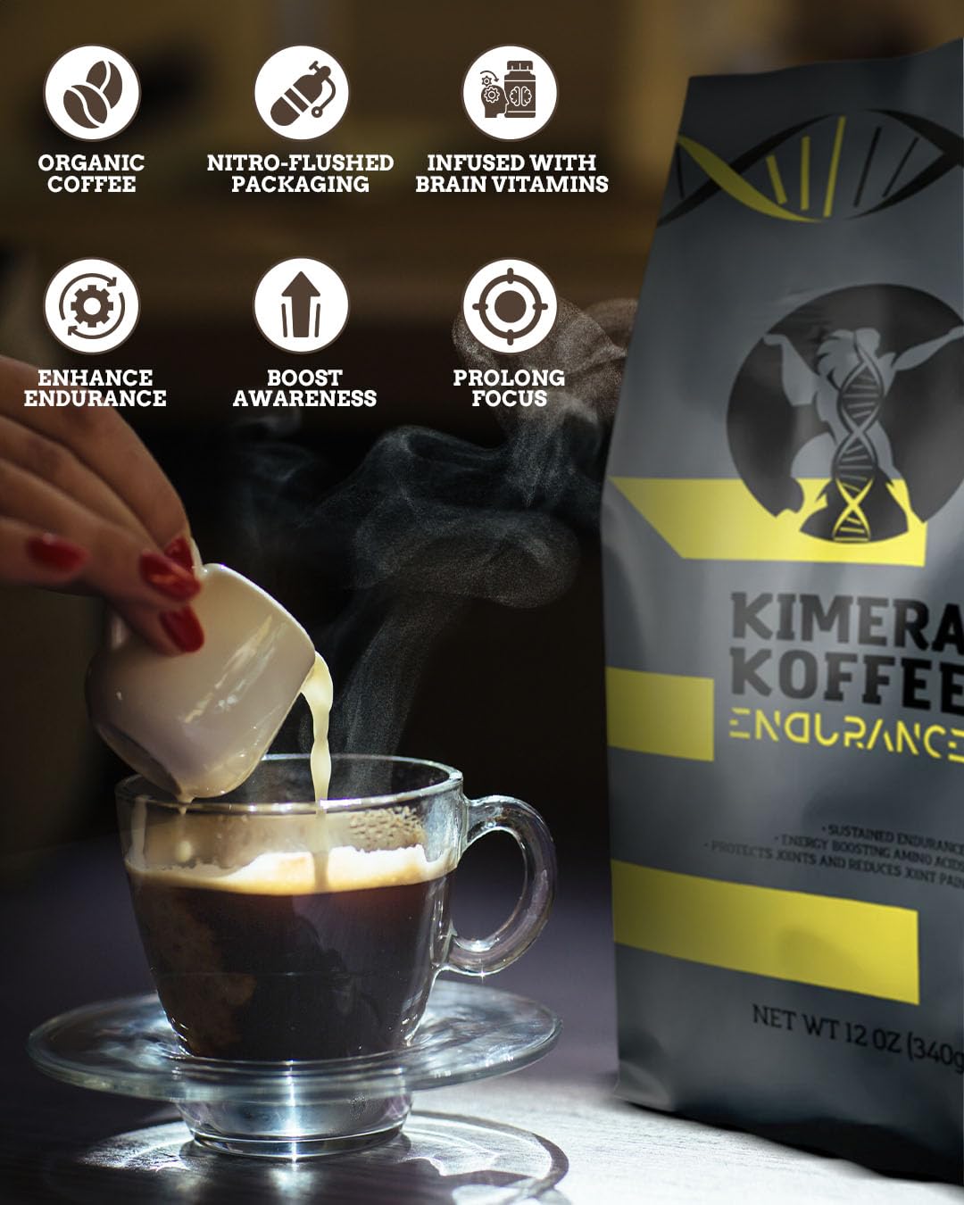 Kimera Koffee Endurance label close-up detailing ingredients and roast profile