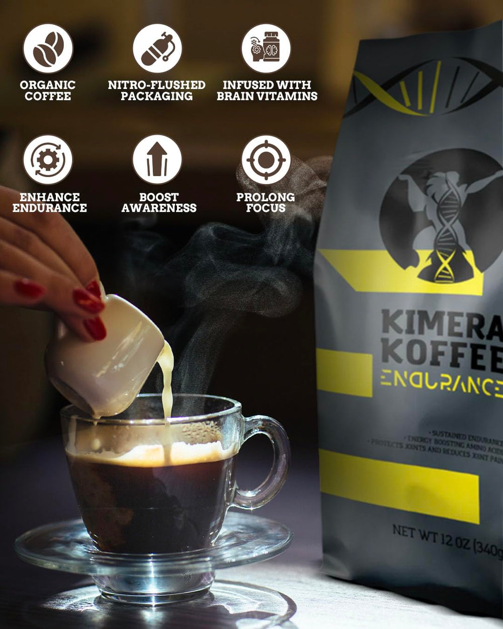 Kimera Koffee Endurance label close-up detailing ingredients and roast profile
