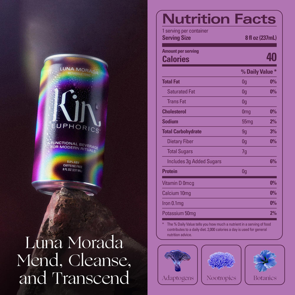 Kin Euphorics Luna Morada being poured into a glass, releasing tangy aroma.