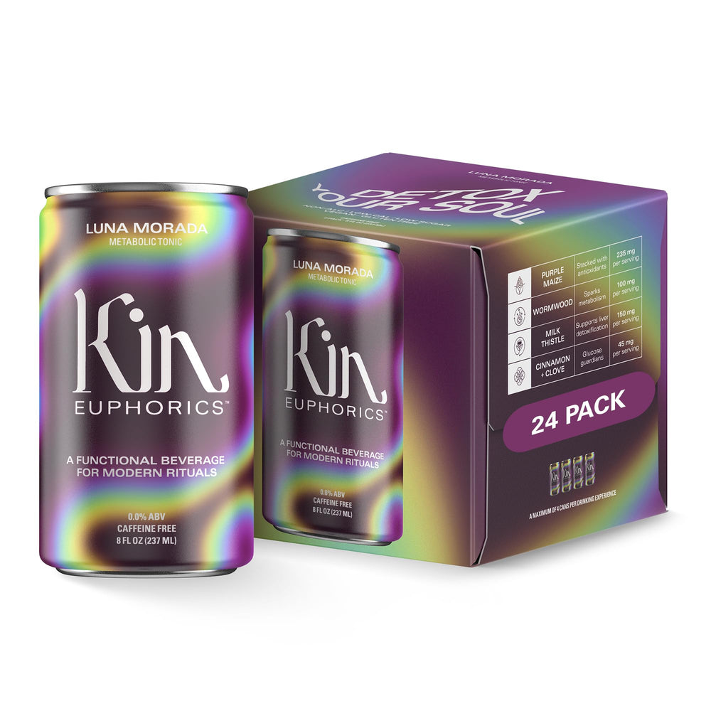 Kin Euphorics Luna Morada bottle with tropical aroma and bold label.