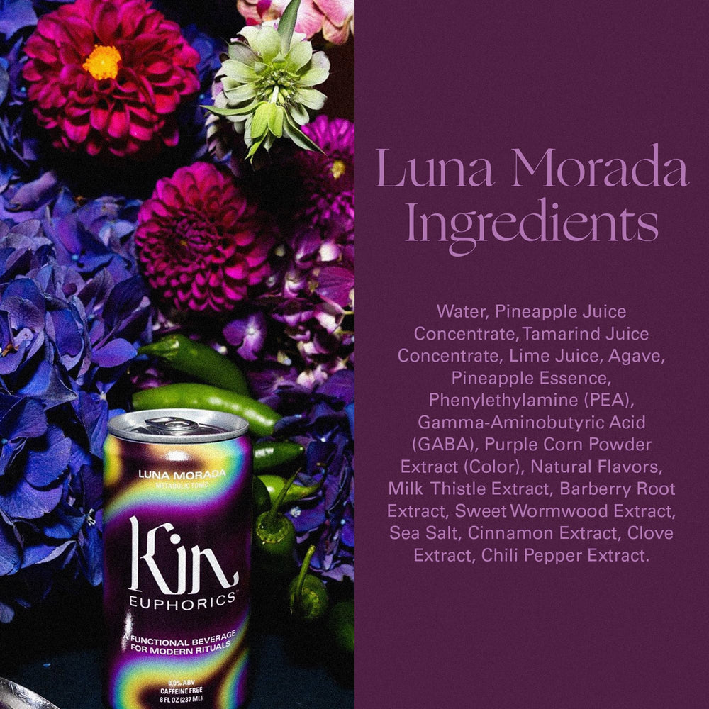 Kin Euphorics Luna Morada in a calming evening ritual setting