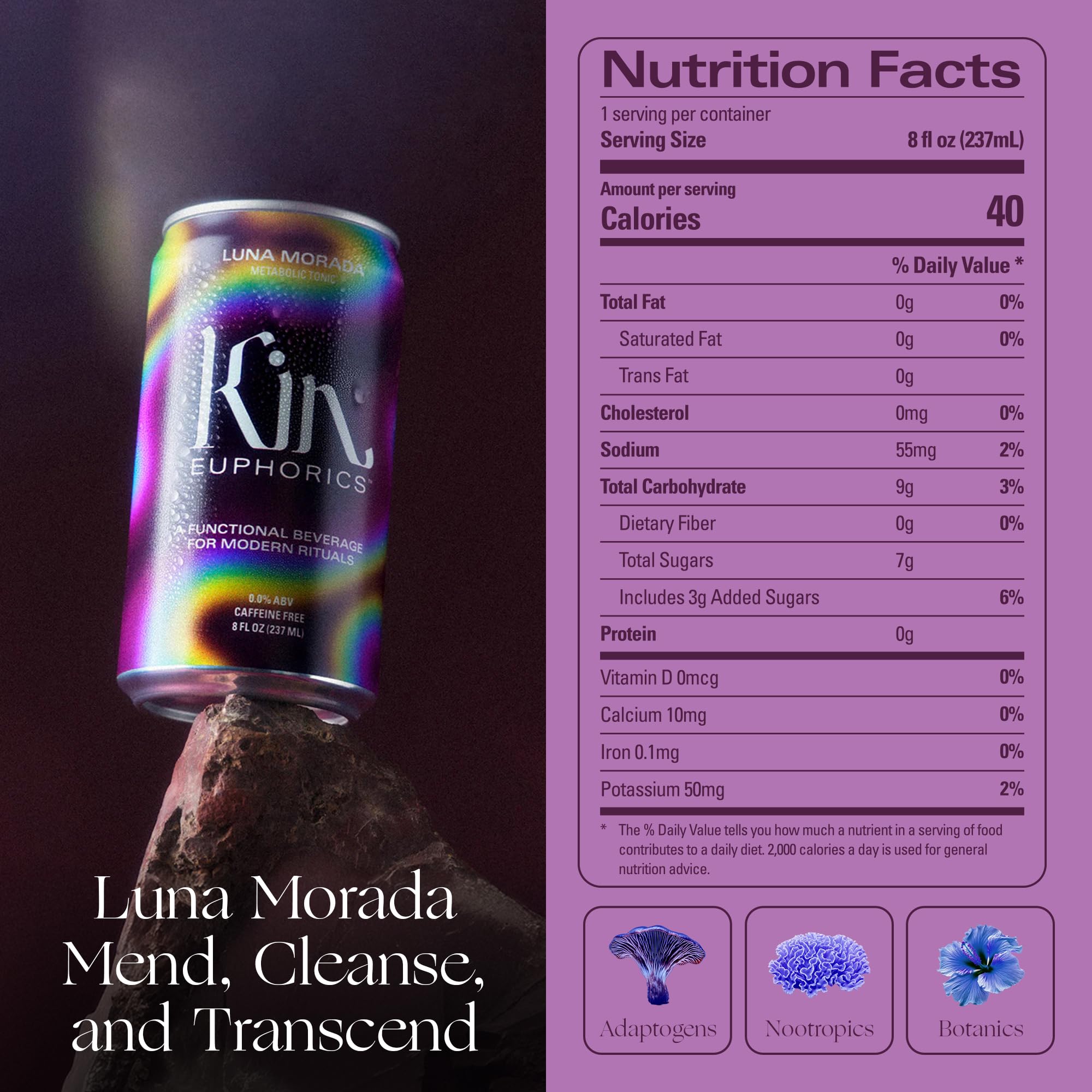 Kin Euphorics Luna Morada being poured over ice for a cooling, caffeine-free moment