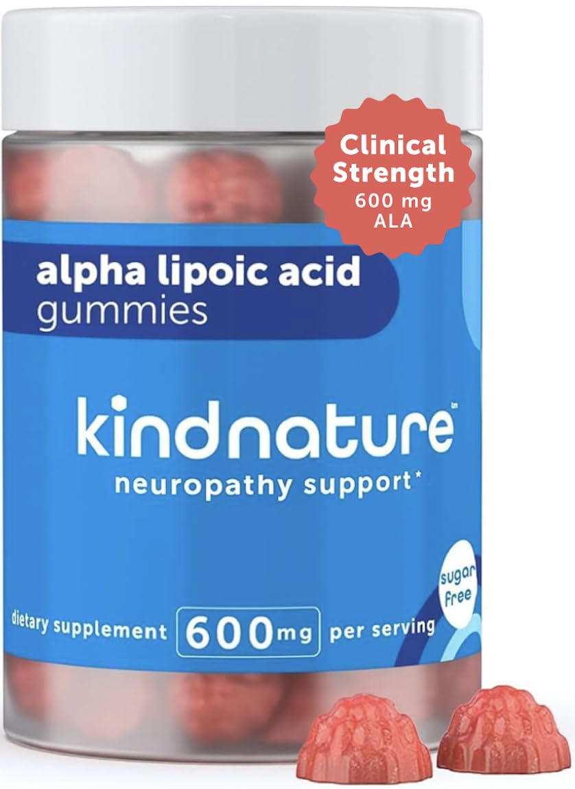 Kindnature Alpha Lipoic Acid Gummies 600mg bottle on countertop for daily wellness