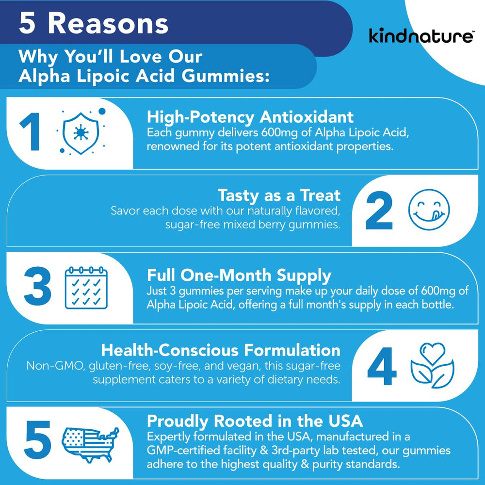 Kindnature Alpha Lipoic Acid Gummies packaging front highlights vegan and gluten-free badges