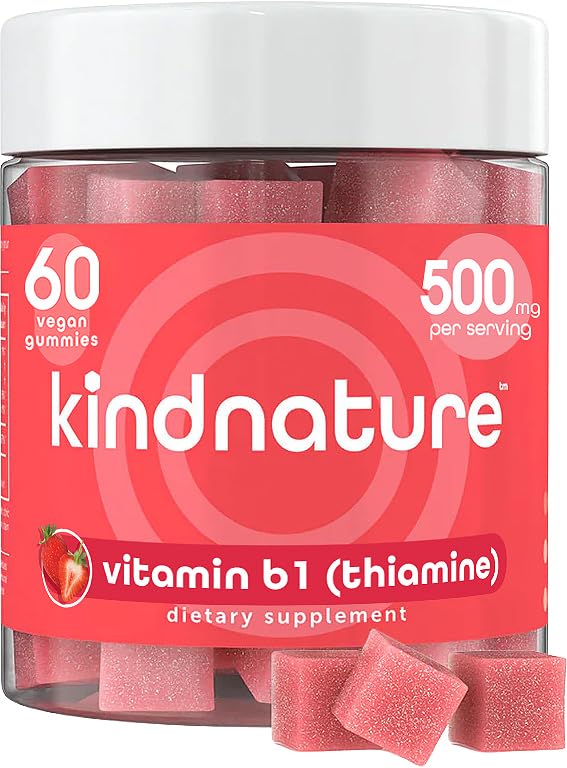 Kindnature Vitamin B1 Gummies strawberry bottle supports daily energy and focus.