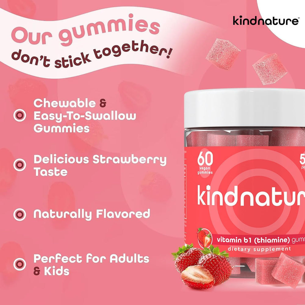 Kindnature Vitamin B1 Gummies packaging signals vegan, non-GMO formulation.