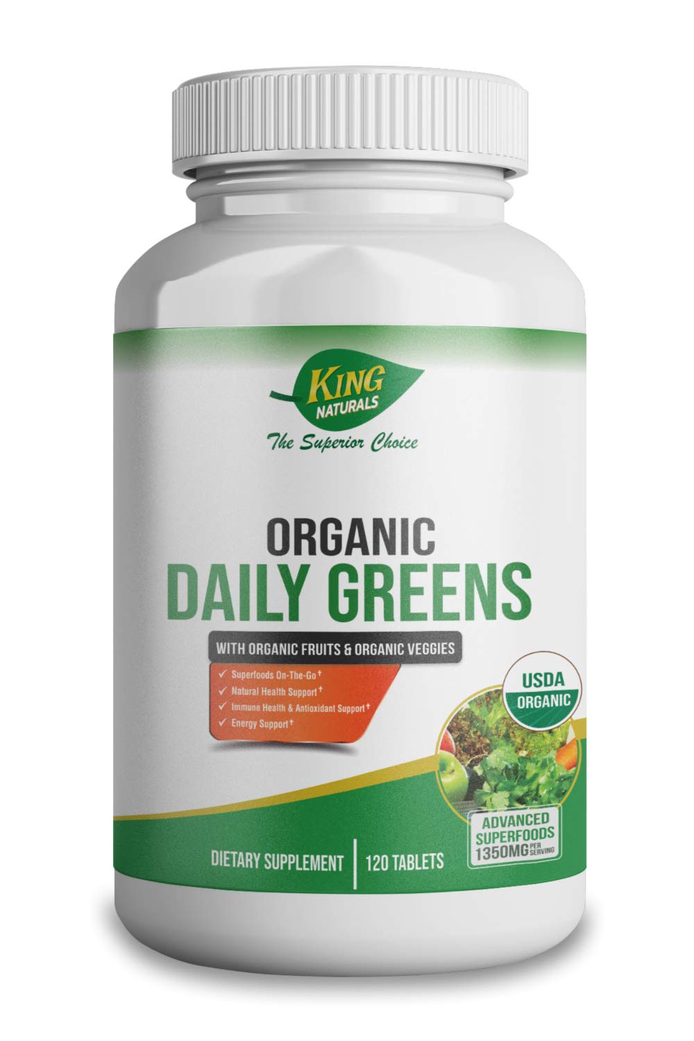 King Naturals Daily Greens bottle closeup highlighting convenient vegan daily tablets for busy routines