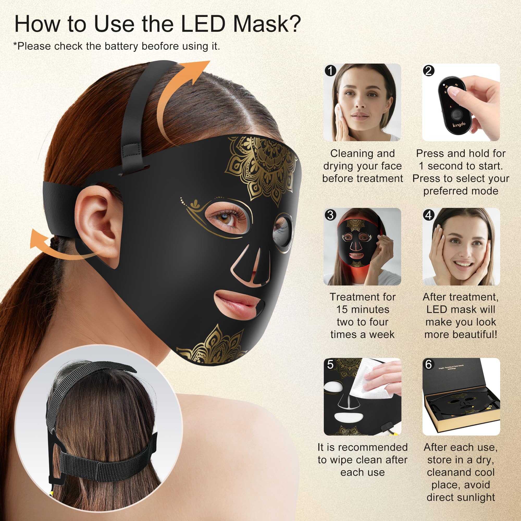 KINGDO Red Light Therapy Face Mask rechargeable battery indicator enables cordless use.