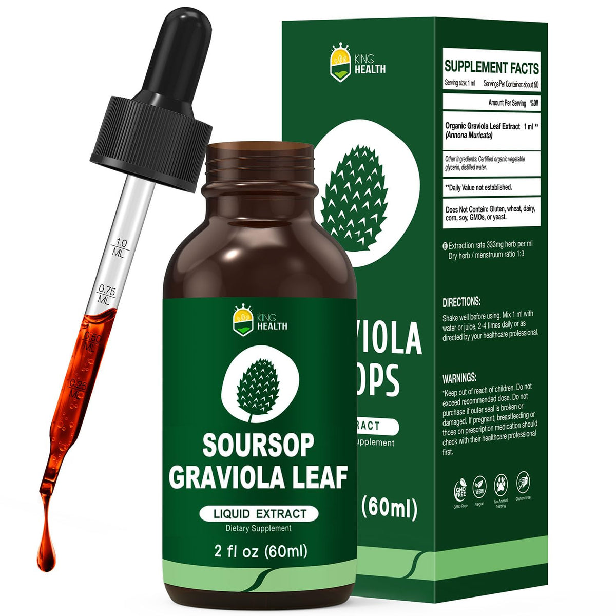 KingHealth Soursop leaf extract bottle pour shows premium organic formula for easy dosing.