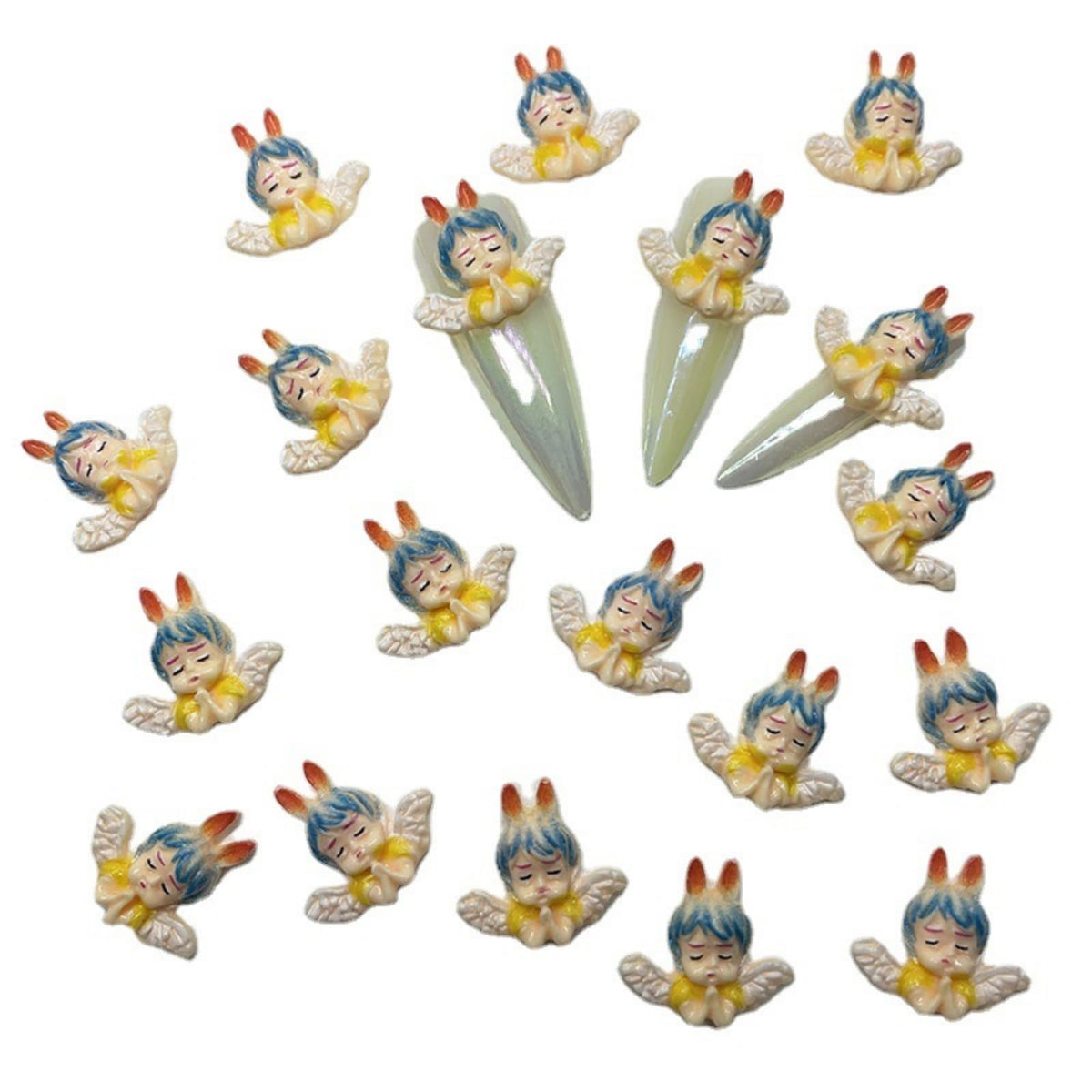 KINGVELLY 3D angel baby nail charm close-up with rabbit ears and wings, long-lasting sparkle.