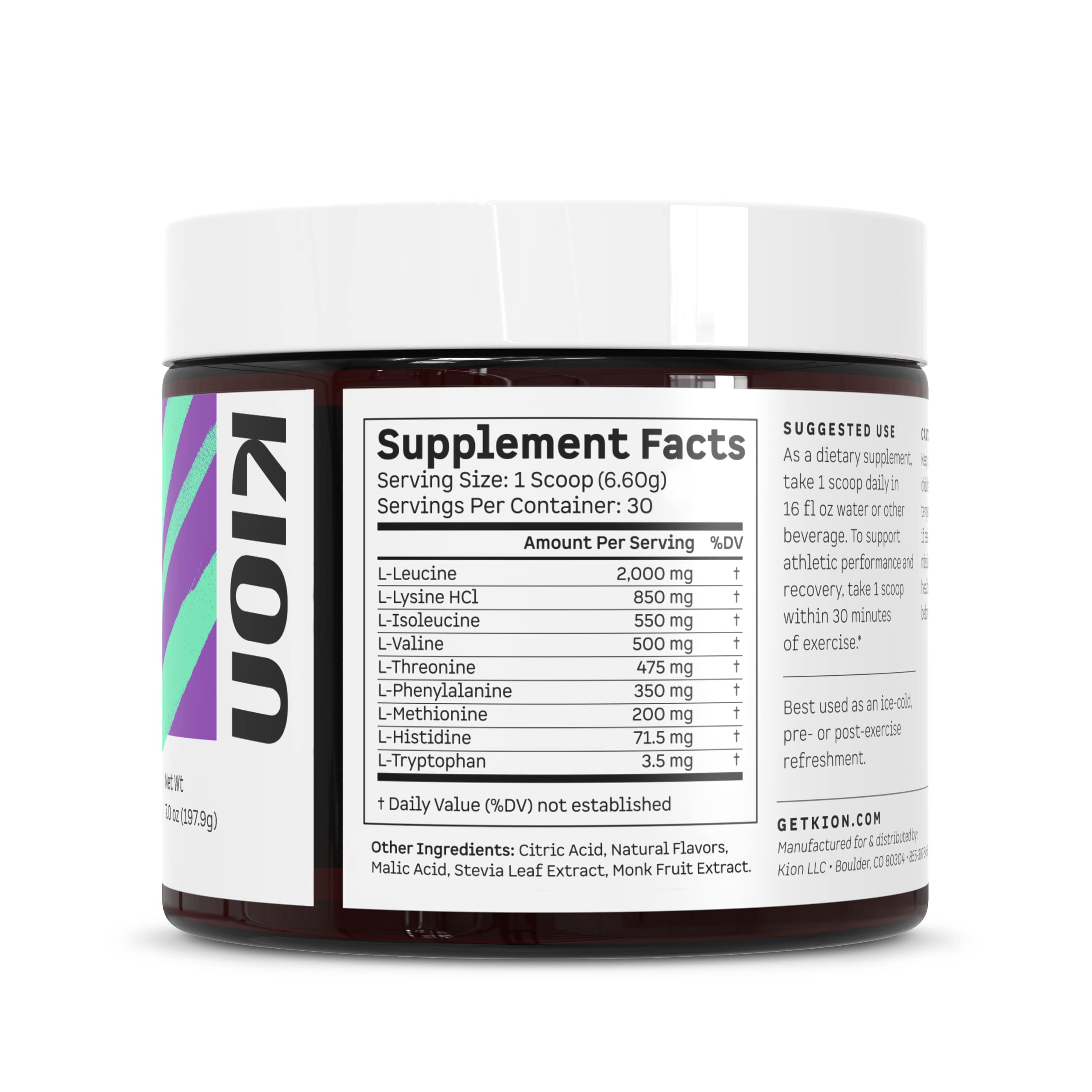 Kion Aminos ingredient list closeup reveals all nine EAAs and BCAAs.
