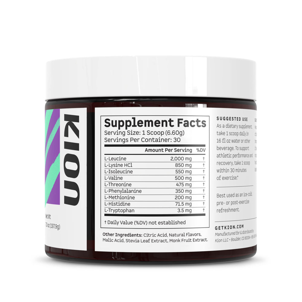 Kion Aminos ingredient list closeup reveals all nine EAAs and BCAAs.