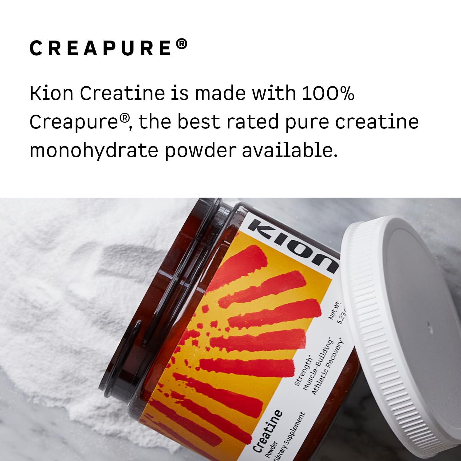 Kion Creatine powder texture on counter signals modern supplement use.