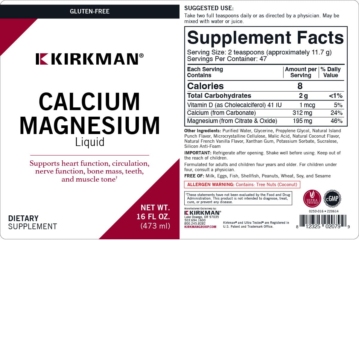 Kirkman Calcium Magnesium Liquid label showing gluten-free and casein-free