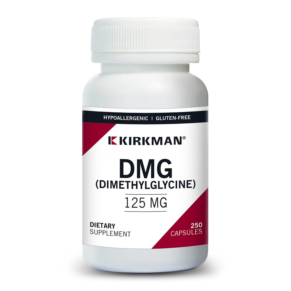 Kirkman DMG 125 mg bottle with hypoallergenic, plant-based capsules for daily use.