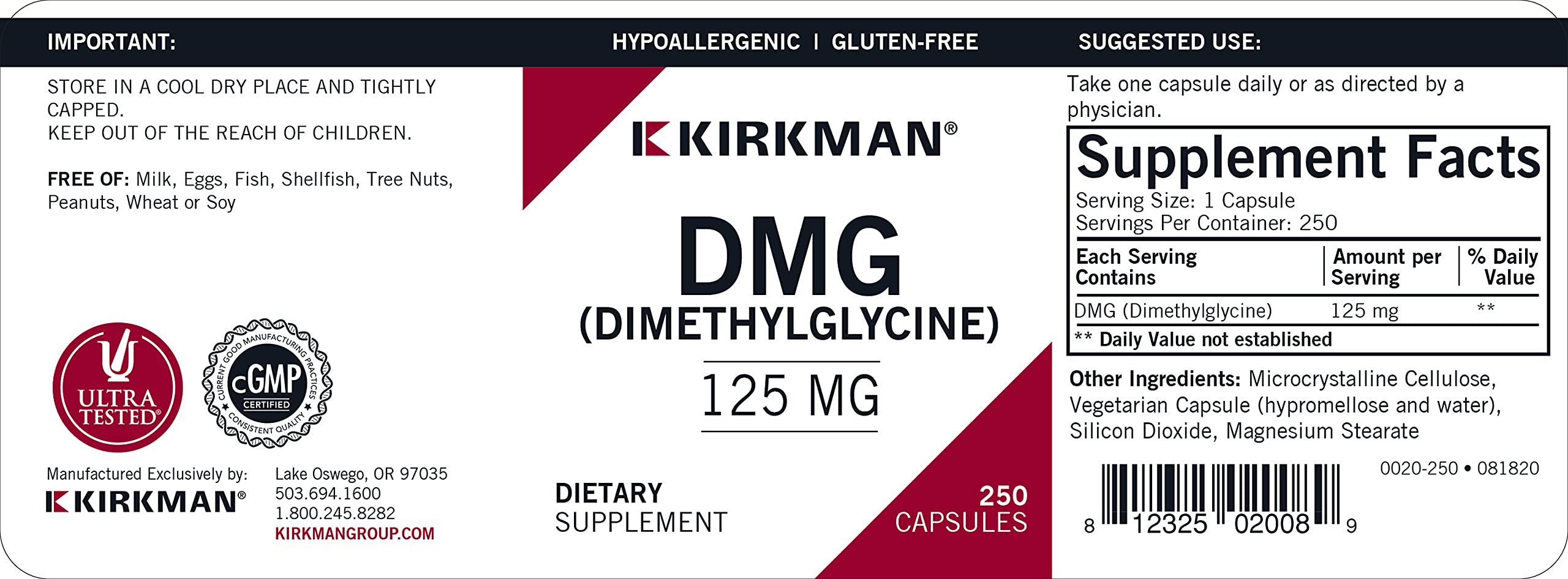 Kirkman DMG 125 mg label showing ingredients and vegetarian packaging.