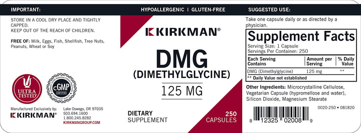 Kirkman DMG 125 mg label showing ingredients and vegetarian packaging.