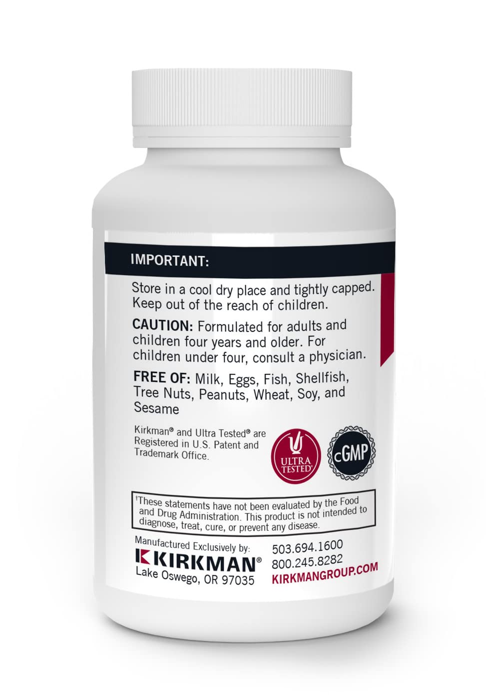Kirkman DMG 300 mg bottle label highlighting hypoallergenic notes